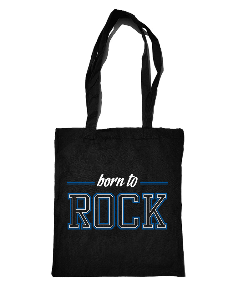 Born to Rock Baumwolltasche wei/blau auf schwarz