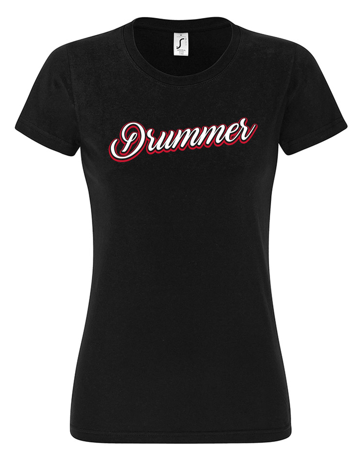 Drummer Girly T-Shirt weiß/rot auf schwarz