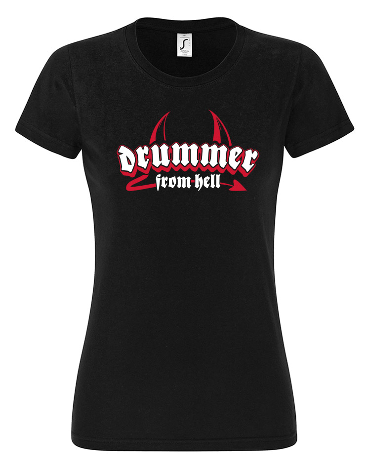 Drummer from Hell Girly T-Shirt wei/rot auf schwarz