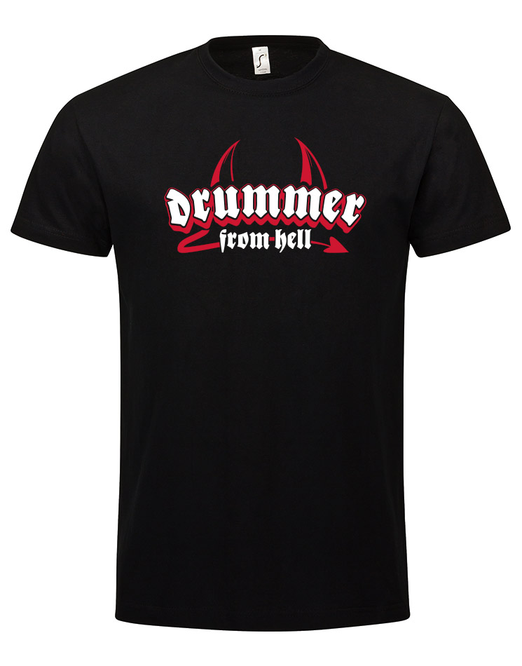 Drummer from Hell T-Shirt weiß/rot auf schwarz
