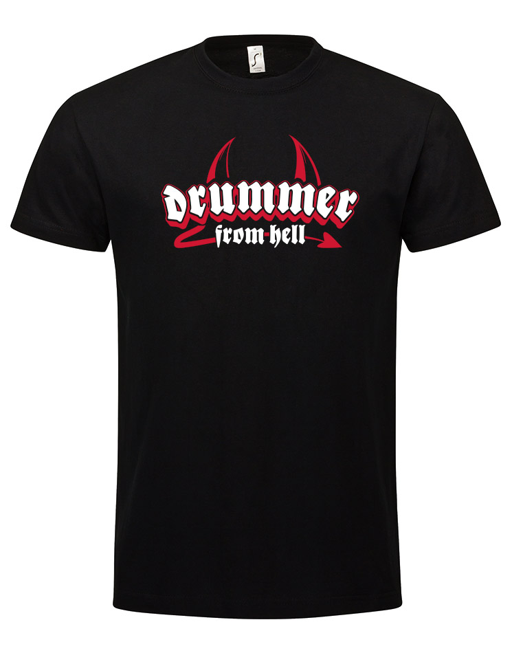 Drummer from Hell T-Shirt wei/rot auf schwarz