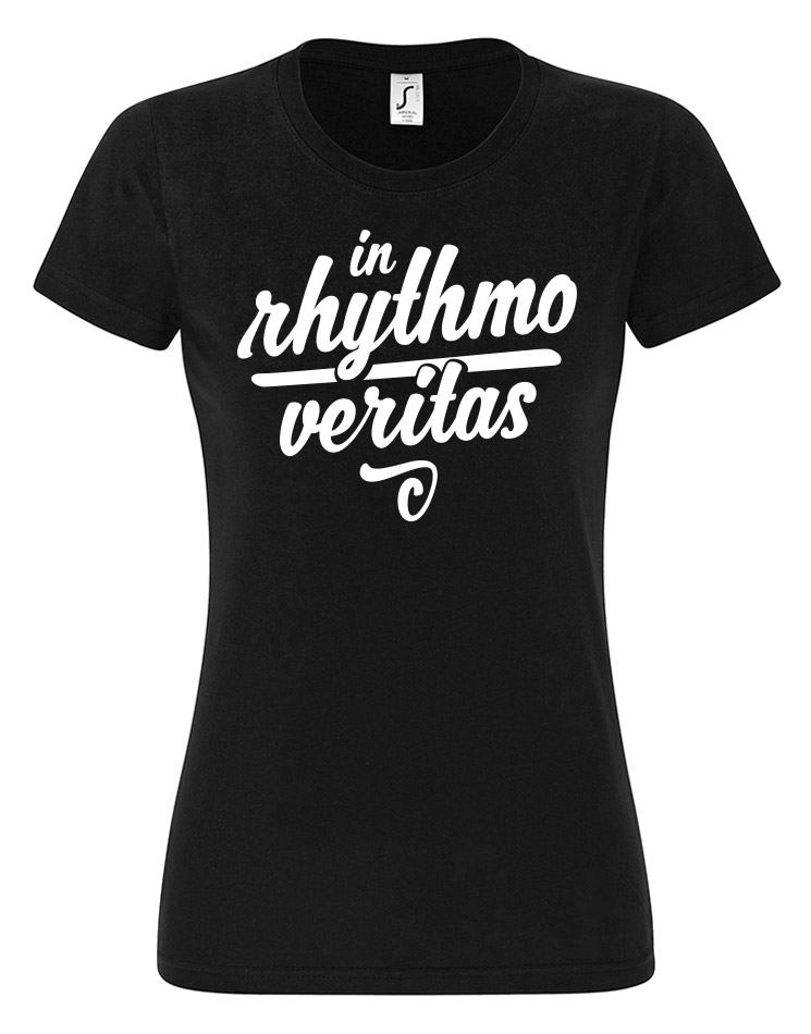 In rhythmo veritas Girly T-Shirt weiß auf schwarz