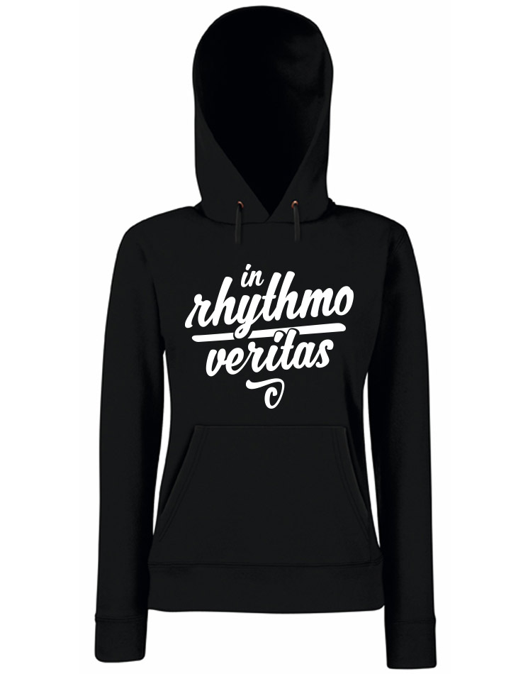 In rhythmo veritas Girly Hoodie wei auf schwarz