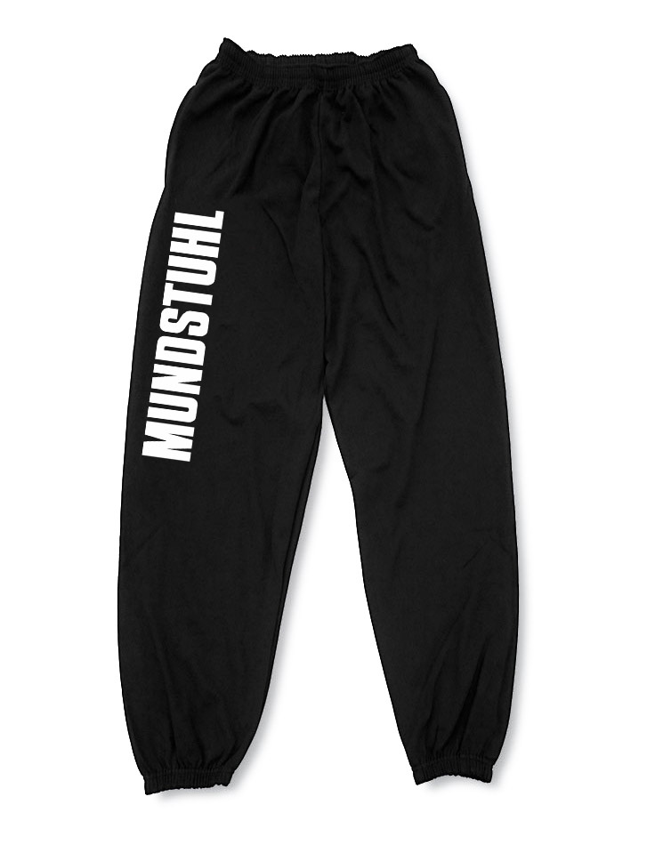 Mundstuhl Jogginghose - Unisex wei auf schwarz