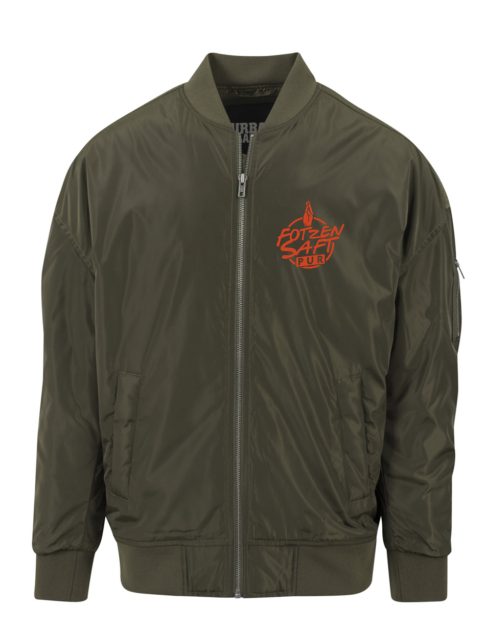 Fotzensaft Overzised Bomber Jacket orange auf dark olive