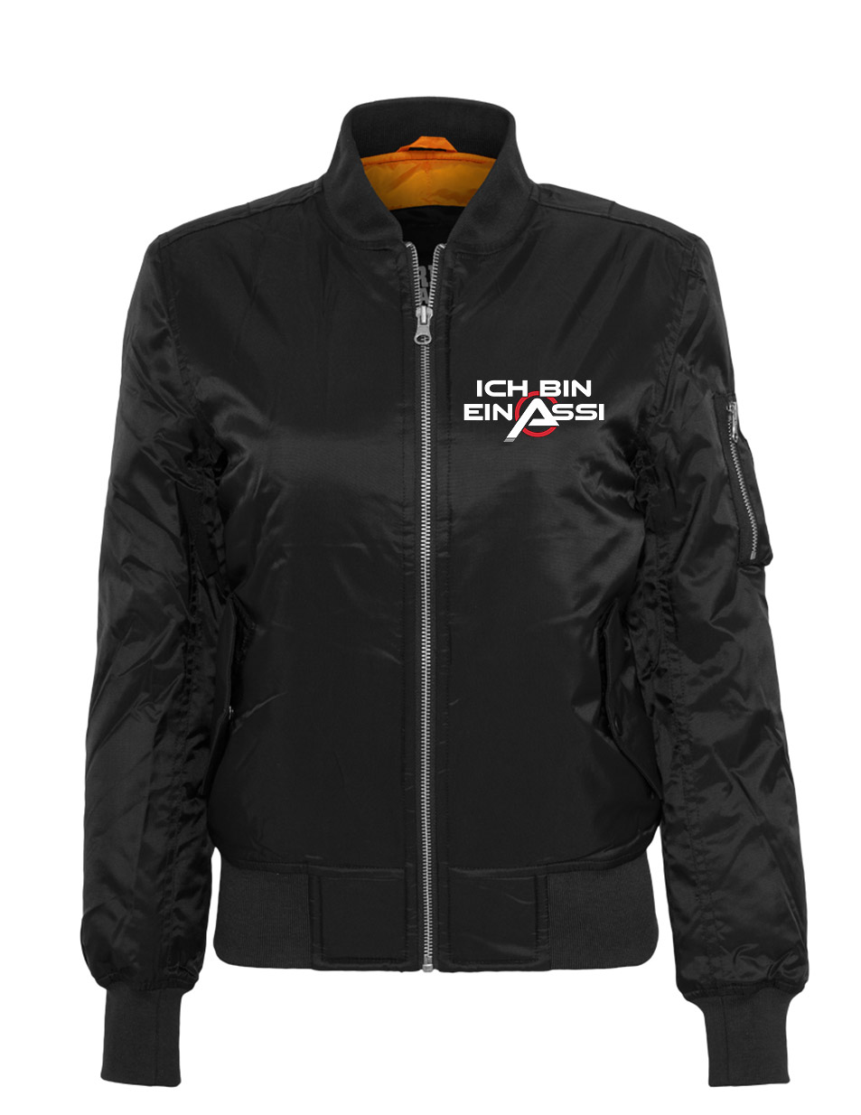 Ich bin ein Assi Ladies Bomber Jacket mehrfarbig auf schwarz