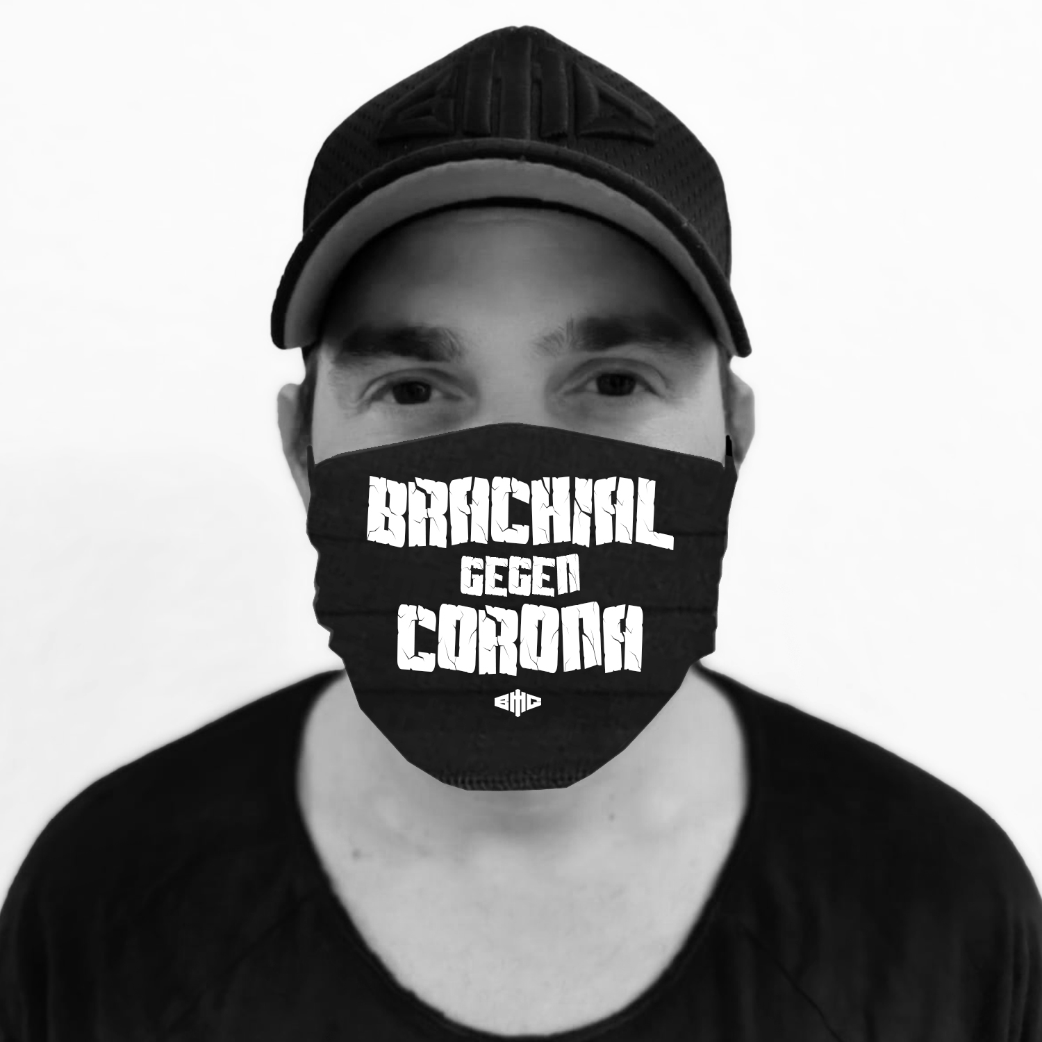 Brachial gegen Corona Mund-Nasen-Maske wei auf schwarz
