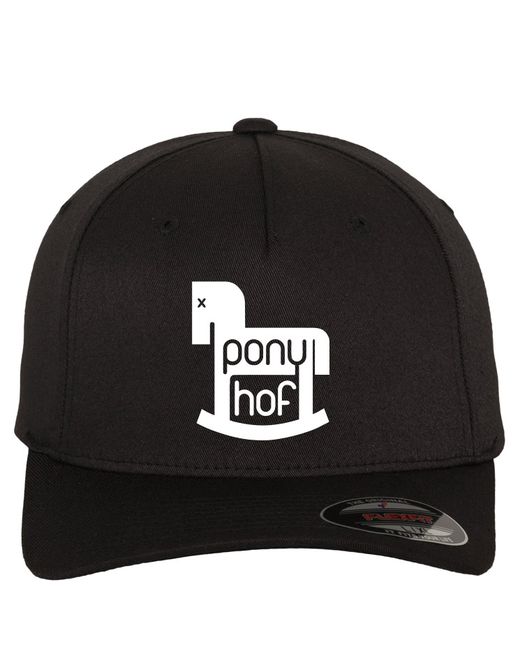 Ponyhof 5-Panel Flexfit Cap weiß auf schwarz