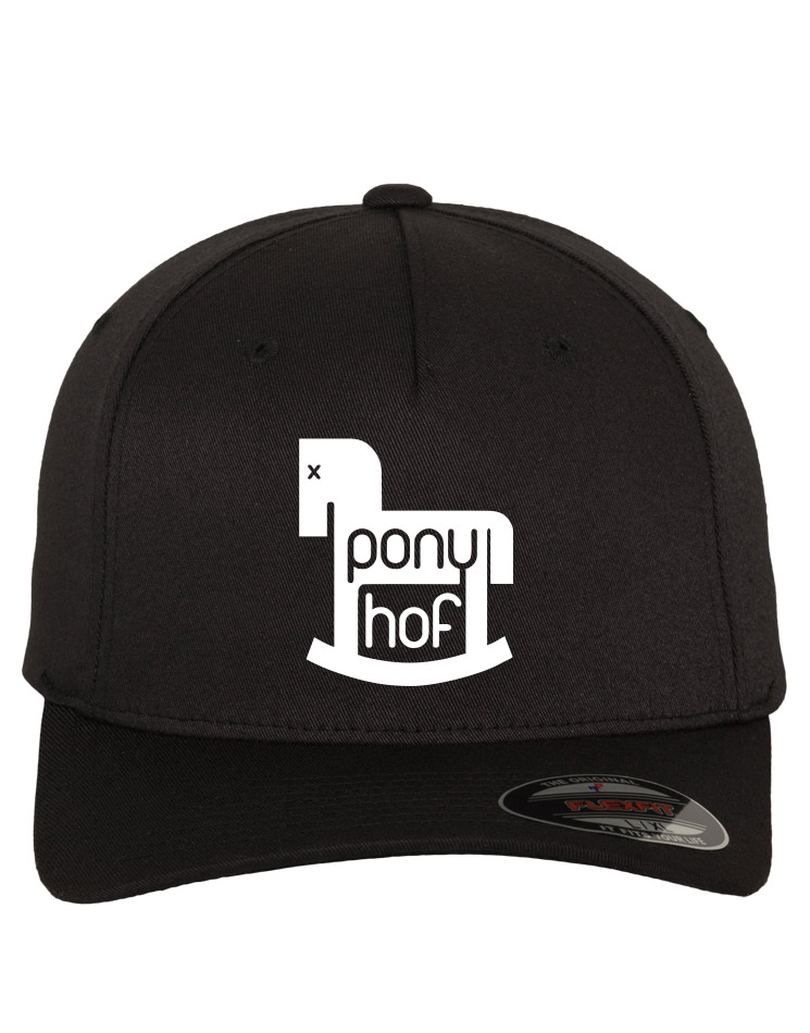 Ponyhof 5-Panel Flexfit Cap wei auf schwarz