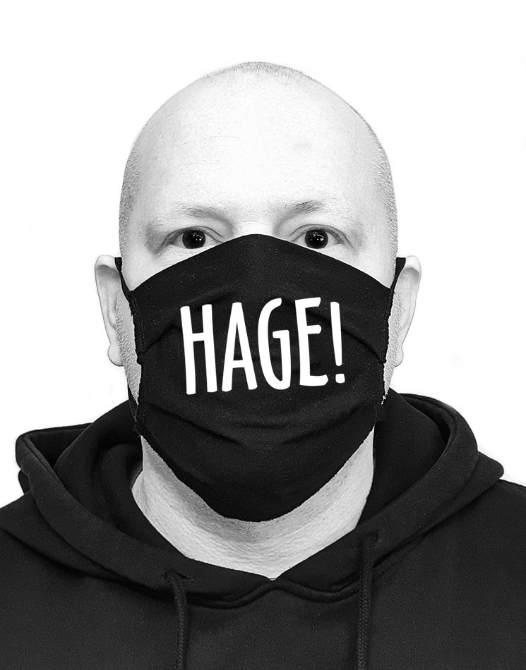 HAGE! Mund-Nasen-Maske wei auf schwarz