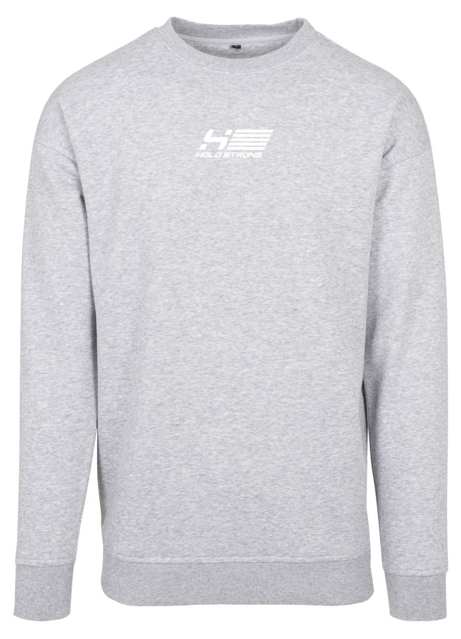 HOLD STRONG Fitness Crew Neck Sweatshirt wei auf heather grey