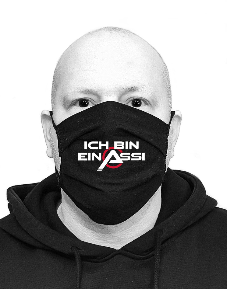 Ich bin ein Assi Mund-Nasen-Maske wei auf schwarz