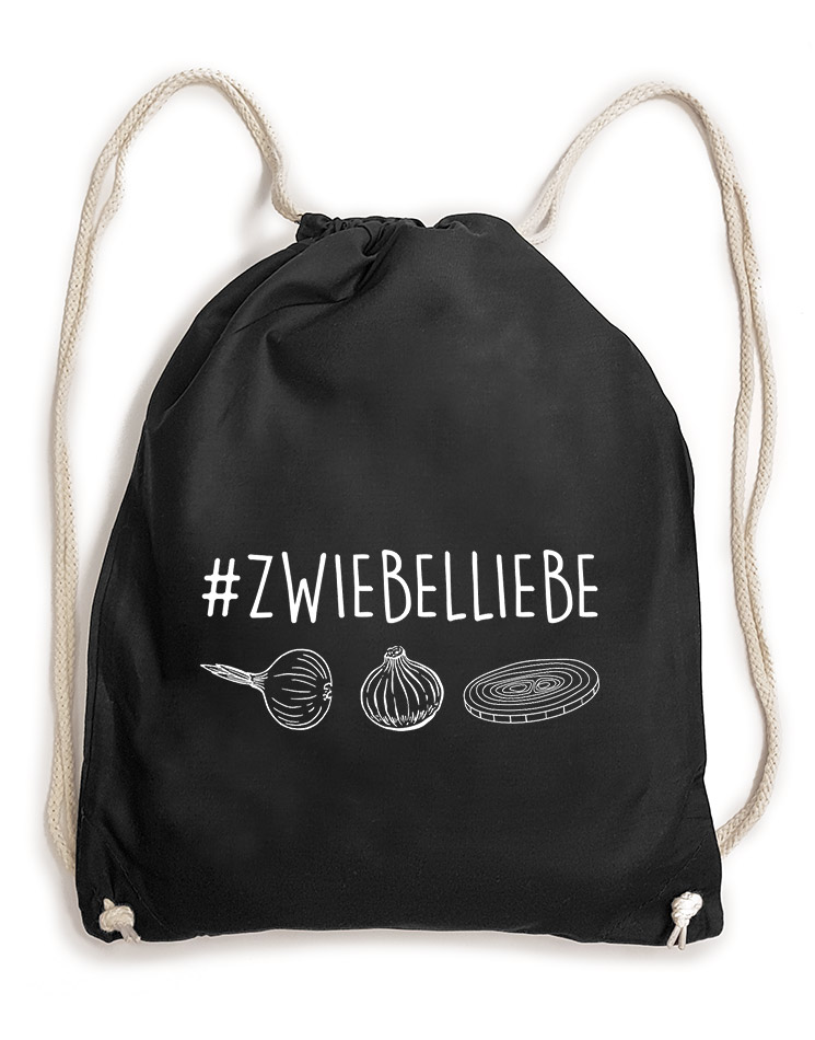 Zwiebelliebe Baumwollrucksack wei auf schwarz