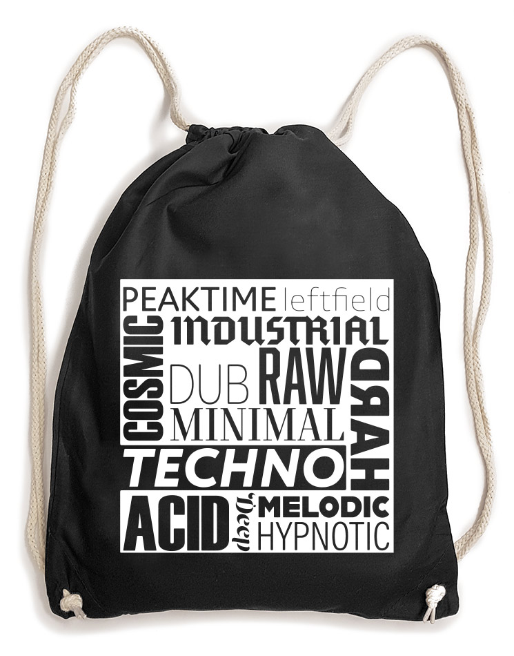 Techno Subtitles Baumwollrucksack wei auf schwarz