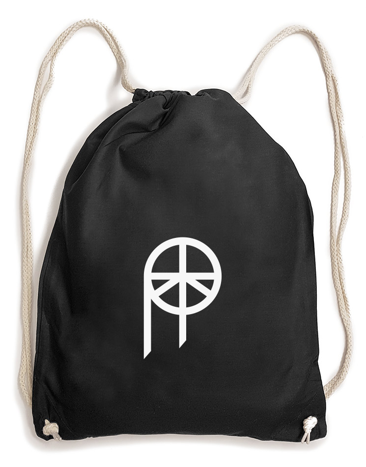 PUTONTECHNO Logo Baumwollrucksack wei auf schwarz
