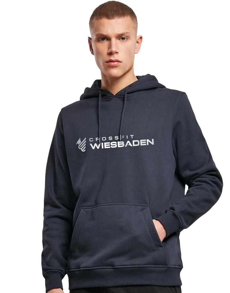 Unisex Heavy Hoody weiss auf navy