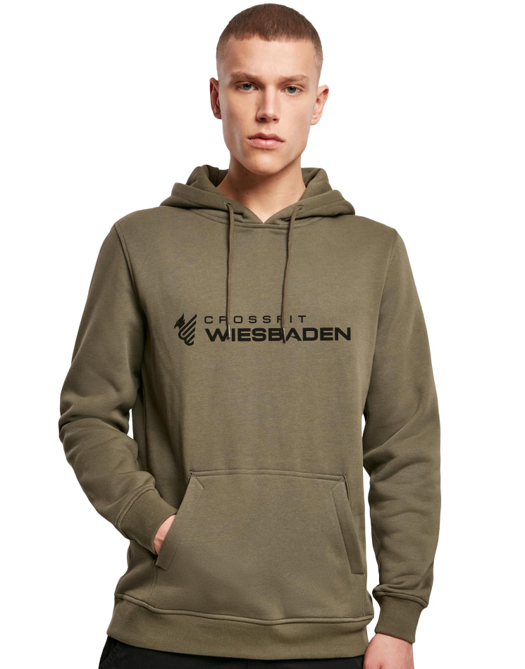 Unisex Heavy Hoody schwarz auf olive