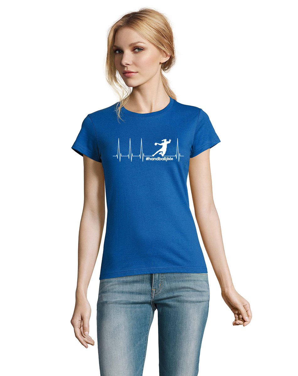 Herzschlag Sprungwurf Woman T-Shirt weiss auf royal blue