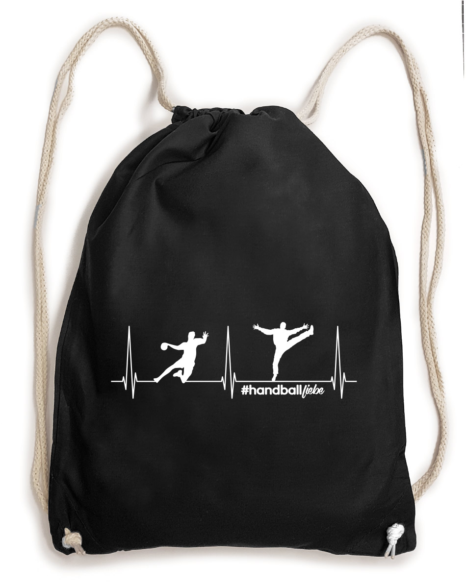 Herzschlag Handballliebe Baumwollrucksack weiss auf schwarz